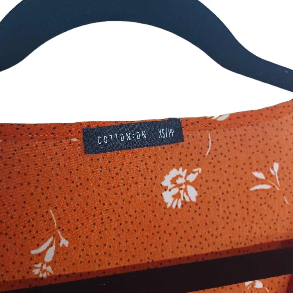 COTTON ON Burnt Orange White Floral Black Polka Dot Print Mini A-Line Dress XS - Picture 3 of 9